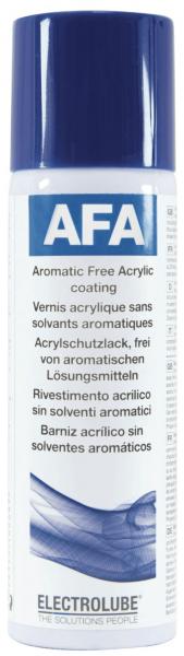 Das Bild zeigt eine Spraydose mit blauer Kappe. Darauf steht "AFA" und Informationen über einen aromafreien Acryl-Lack in mehreren Sprachen. Die Dose ist weiß mit einem blauen Wellenmuster.