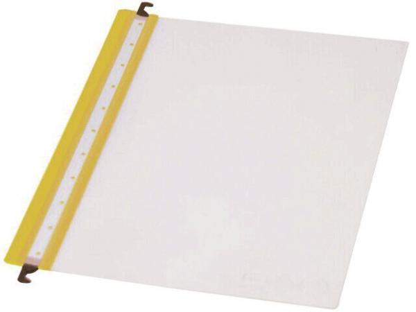The image shows a transparent case that is yellow at the top. It has a hole punch for ring binding and closes with a clip on the left side. The surface is smooth and clear.