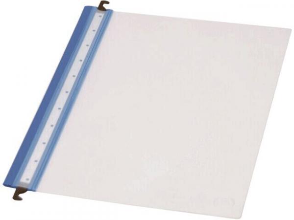 The image shows a clear plastic folder with a blue A4 border at the top. The border has holes for attachment and a transparent area for documents.