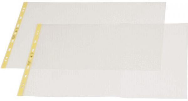 The image shows two transparent sheet protectors. They are rectangular and have yellow holes on the left side for storage in a ring binder. The surface is smooth and clear.