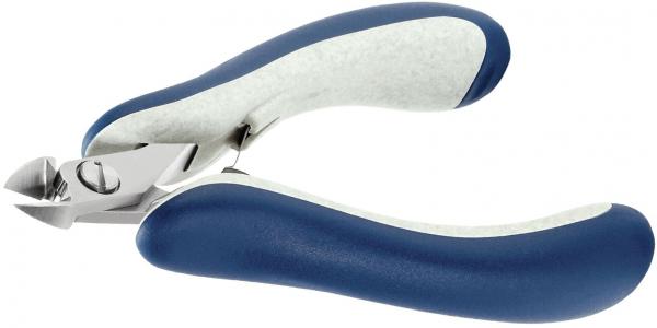 The image shows a nail clipper with blue, ergonomic handles and a sharp, curved blade. The blades are made of metal and are shiny. Ideal for precise cutting.