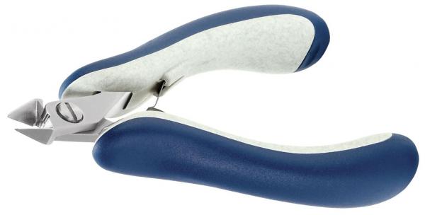 The image shows a nail or cable cutting pliers with ergonomic handles. The grip areas are blue with a white, soft insert. The cutting edges are made of metal and are sharp.