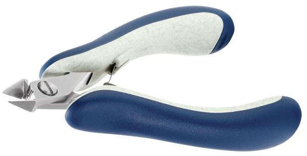 The image shows a nail or claw clipper made of metal with ergonomic, blue handles. The blades are sharp and shaped to enable precise cuts.