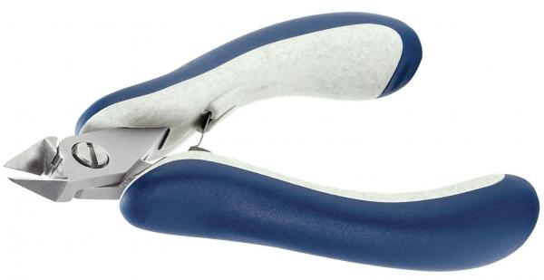 The image shows a nail clipper. It has a metal blade and ergonomic handles that are blue and gray. The handles are thick and provide a good grip.