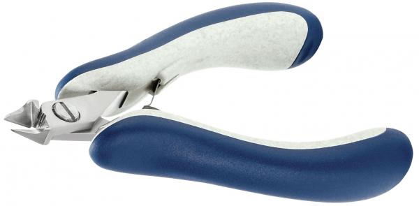 Auf dem Bild ist eine Nagelzange zu sehen. Sie hat ergonomische, zweifarbige Griffe, die blau und grau sind, und eine scharfe, metallische Schneide. Die Zange hat eine kompakte Form.