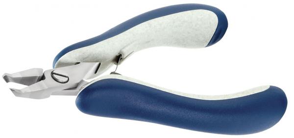 Das Bild zeigt eine Nagelzange mit einem ergonomischen Griff. Die Zange hat einen silbernen Metallkopf und einen blauen, gummiartigen Griff für besseren Halt.