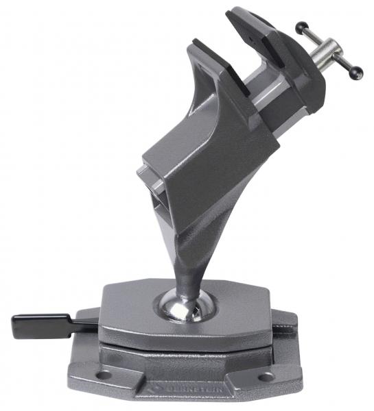 The image shows a gray vise. It has a clamp to hold workpieces, and a rotatable base. The surface is smooth and stable, ideal for workshop use.