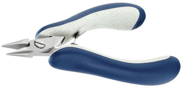 The image shows a pair of pliers with a metallic head and two ergonomic handles. The handles are blue with a rubberized surface that provides grip and comfort.