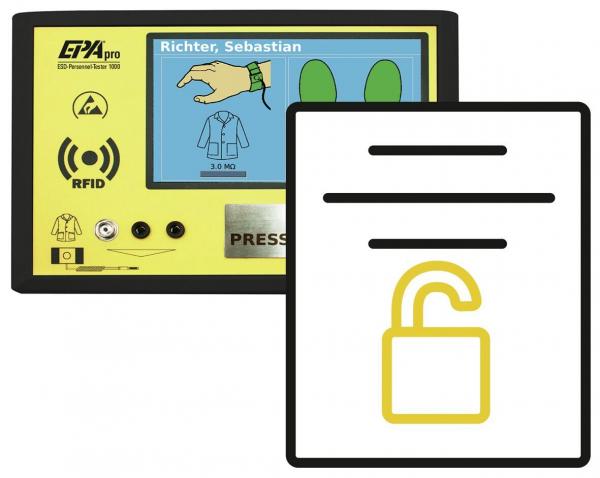 The image shows a yellow control device with a screen. On the screen, there is a hand symbol and a suit depicted. Next to it is an icon for an open lock.