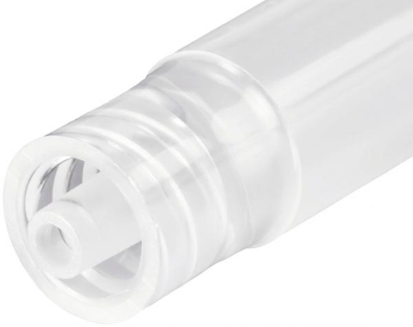 The image shows the end of a white, transparent container. It has a round opening and a rotating mechanism, presumably used for dispensing content.
