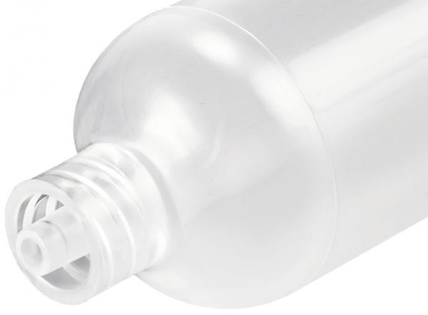 Das Bild zeigt eine flache, klare Plastikflasche mit runder Form. Der obere Teil hat einen Schraubverschluss, der eine gitterartige Öffnung zeigt, aus der der Inhalt dosiert werden kann.