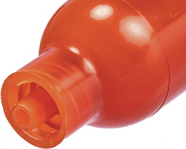 Das Bild zeigt den oberen Teil einer orangefarbenen Flasche. Sie hat eine runde Form und einen schmalen, offenen Flaschenhals, der oben leicht verjüngt ist.