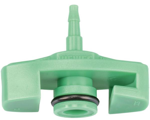The image shows a small, green plastic adapter with a thin spout on top. It has a round base with a rubber seal and two lateral, rounded bulges.
