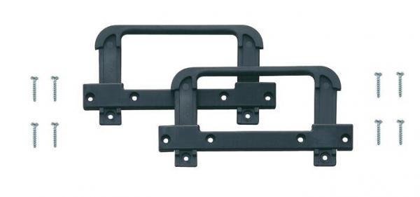 The image shows two black plastic handle strips arranged side by side. Next to them are four screws. The handles have a rectangular shape, ideal for assembly.