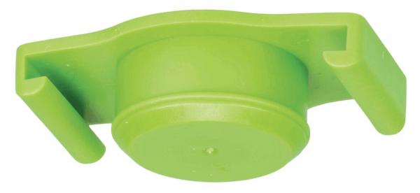 The image displays a green, rounded plastic item with lateral notches. It has a flat bottom and appears to be a holder or clip, likely used for securing objects.