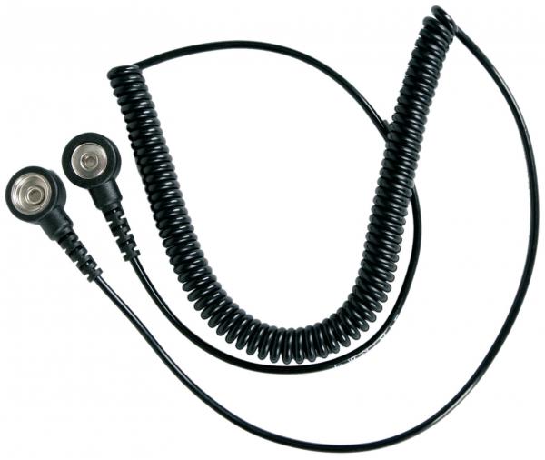 The image shows a black spiral cable with two round connectors at the ends. It is soft and flexible, typically used for audio or communication devices.