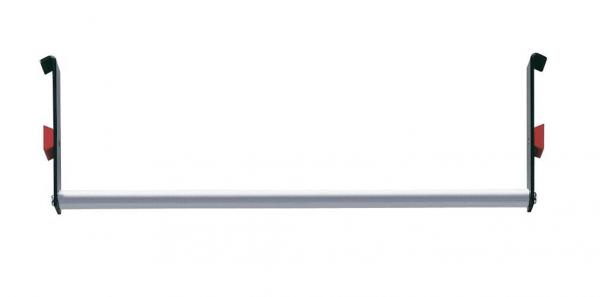 Das Bild zeigt einen stabilen Rahmen aus Aluminium mit zwei schwarzen Halterungen an den Seiten und zwei roten Elementen. Er ist länglich und horizontal ausgerichtet.