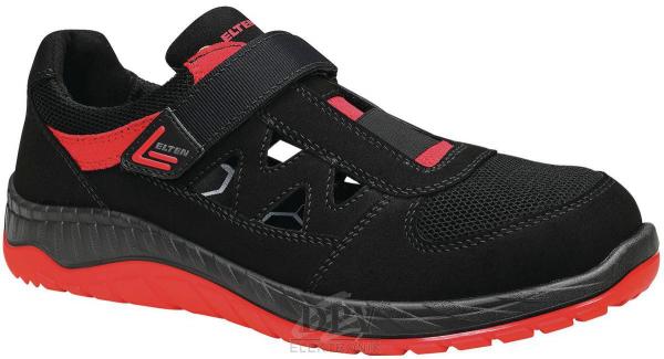 The shoe is a sporty half-shoe in black with red accents. It has a wide Velcro strap and open areas on the side for ventilation. The sole is non-slip and lightweight.