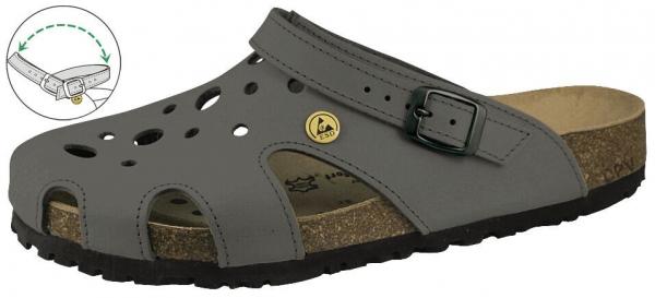 The image shows a gray clog sandal. It features several ventilation holes, an adjustable strap with a buckle, and an ergonomic cork sole for comfort and support.