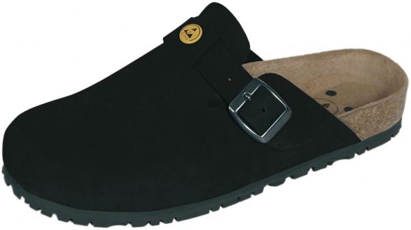 The image shows a black clog shoe made from soft material. It has a wide, open front and a buckle on the side. The sole is textured and provides good grip.