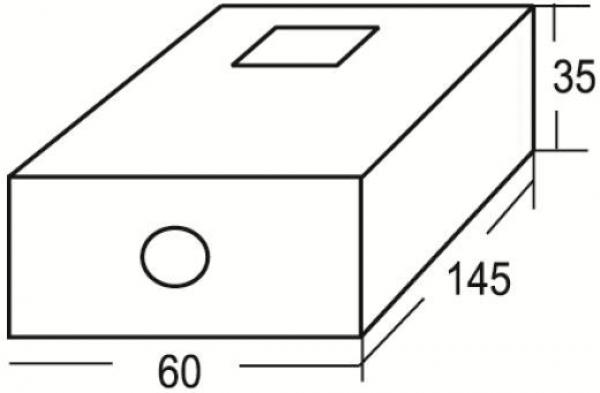 The image shows a rectangular box with dimensions of 145 mm in length, 60 mm in width, and 35 mm in height. There is a small square cutout on the top and a round one on the front.