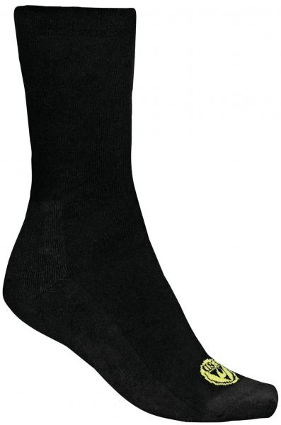 The image shows a black sock with a medium-high shaft. At the foot end, a yellow logo or symbol is visible. The sock appears simple and unobtrusive.