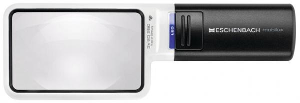 The image displays a rectangular magnifying glass with a large, clear glass area. The handle is black and features a blue power button. It is intended for magnifying text or images.