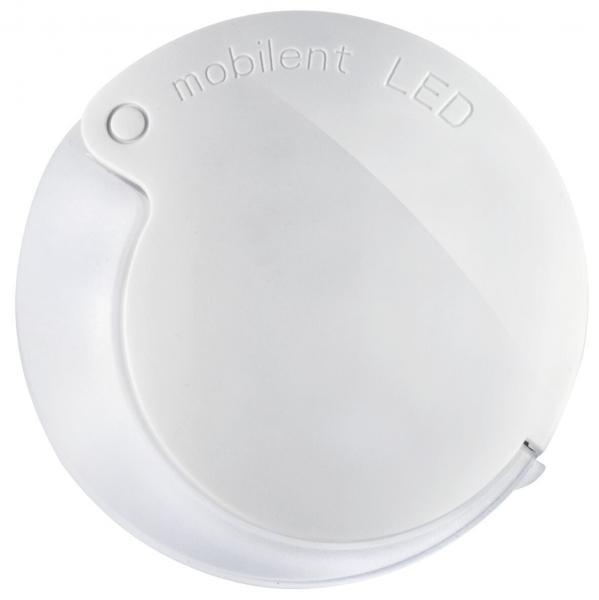 Das Bild zeigt eine runde, flache LED-Lampe in Weiß. Oben ist der Schriftzug "mobilent LED" eingeprägt. Eine kleine Aussparung an der Seite deutet auf eine Halterung hin.