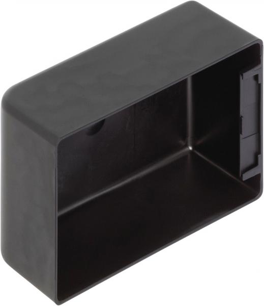 Das Bild zeigt eine rechteckige, schwarze Kunststoffbox. Sie hat eine glatte Oberfläche, ist innen hohl und hat an einer Seite eine Aussparung. Sie wirkt stabil und funktional.