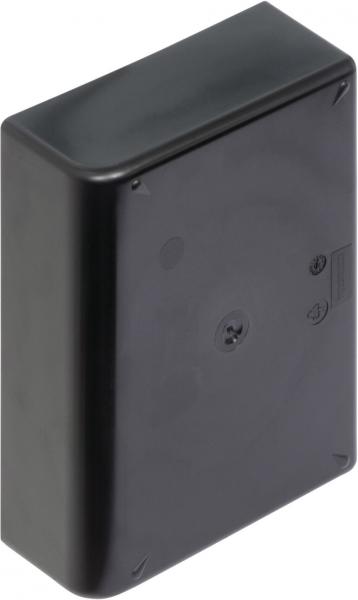 The picture shows a rectangular, black casing with rounded edges. It has a smooth surface and a flat back with a central indentation.