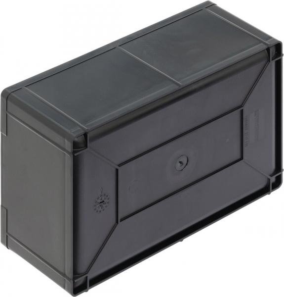 Das Bild zeigt eine rechteckige, schwarze Kunststoffbox mit abgerundeten Kanten. Die Oberfläche ist glatt und die Box hat einen Deckel. Sie wirkt robust und stabil.
