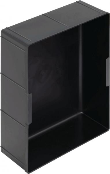 The image shows a black, rectangular container without a lid. It has smooth walls and an open top that looks into the interior, and is typically made of plastic.