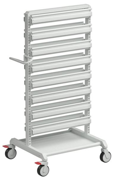 The image displays a mobile clothes rack with several horizontal bars. It features wheels for easy movement and a handle side to pull or push it.