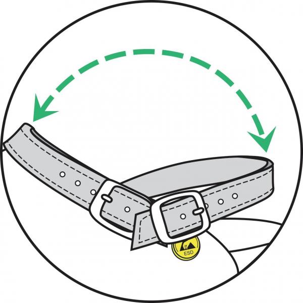 The image shows a belt within a circular frame. The belt is gray, has a buckle, and displays a green, curved arrow line indicating movement.