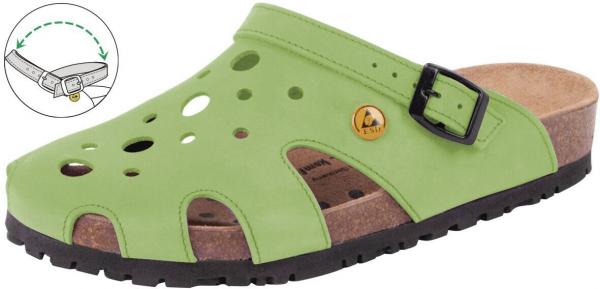 In the image, a green clog made of flexible material is shown. It has large holes for ventilation and an adjustable strap with a buckle. The sole is thick and slip-resistant.