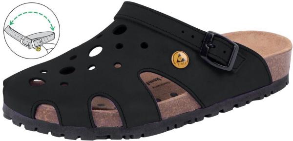 The shoe is a black clog with open sides and holes for air circulation. It has a cork sole and a strap that is adjustable with a buckle.