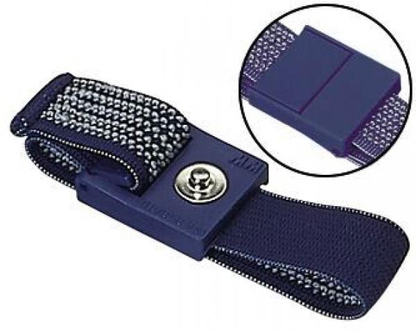 Das Bild zeigt ein elastisches Armband mit einer glatten, feststellbaren Schnalle und einer glitzernden Oberfläche. Es hat eine kleine, runde Metallöse in der Mitte.