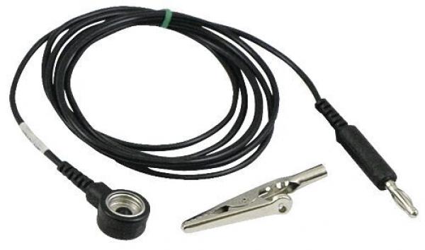 Das Bild zeigt ein langes schwarzes Kabel mit einem runden Ende, das einen Anschluss hat, und einen Metallclip. Der Clip ist zum Festklemmen geeignet und befindet sich am anderen Ende des Kabels.