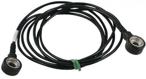 The image shows a long, black cable with two round, metallic connectors at the ends. The cable is curved and has a green clip at one point holding it together.