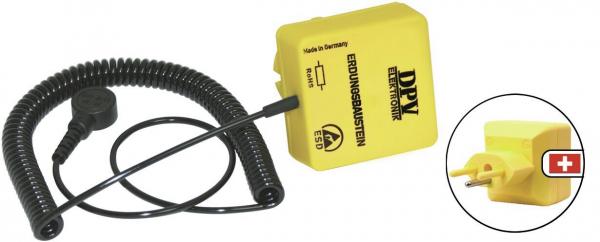 The image shows a yellow electrical device with a spiral cable. It has a socket with a rounded end. On the side, there is a small cutout with a socket symbol.