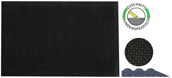 Das Bild zeigt eine schwarze Gummimatte mit vielen kleinen, runden Erhebungen. Neben der Matte sind einen ausgeschnittenen Bereich und eine Grafik mit einem halben Kreis zu sehen.