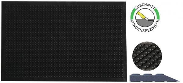 Das Bild zeigt eine schwarze, rutschfeste Matte mit einer strukturierten Oberfläche aus kleinen Erhöhungen. Rechts sind Hinweise zum maßgeschneiderten Zuschnitt abgebildet.