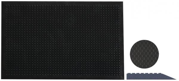 Das Bild zeigt eine schwarze Matte mit vielen kleinen, erhabenen Punkten. Auf der rechten Seite befindet sich ein kleiner, runder Bereich in ähnlichem Design sowie ein abgerundetes Eckstück.