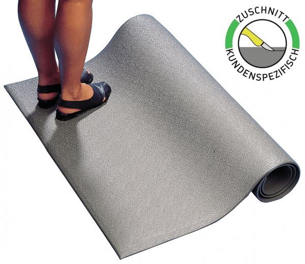The image displays a non-slip, gray flooring on which a person in black slippers is standing. Part of the flooring is rolled up. A sign indicates that it is custom-made.