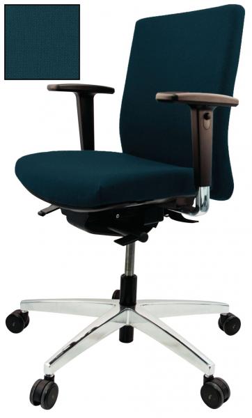 The chair has a dark blue upholstery, high backrest, and armrests. It stands on a chrome-plated base with five casters, which allows for mobility.