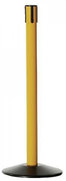 The image shows a tall, slender post in bright yellow with a round black base. At the top, it has an opening, which might be intended for a barrier tape.