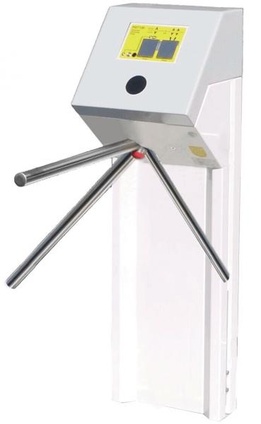 The image displays an access system featuring a tripod turnstile. At the top, there is a control panel with buttons and displays. The entire device is made of metal and has a clear, functional shape.