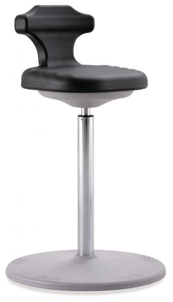 The bar stool has a round, sturdy metal base and a height-adjustable column. The seat is black, with a slightly curved back for comfort.