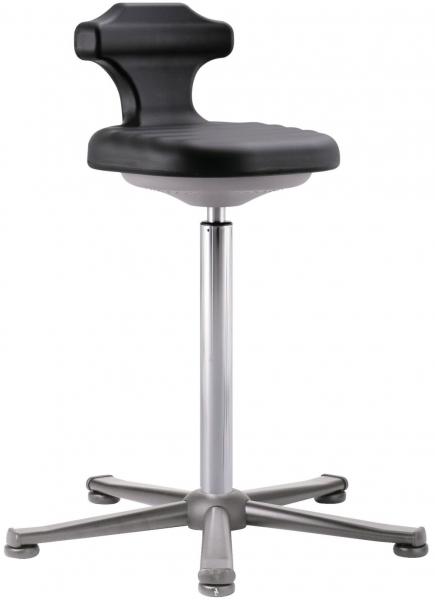 The image shows an adjustable stool. The seat and backrest are black and made of plastic, while the base is made of silver metal with five sturdy legs.