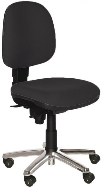 The office chair is black with a round seat and a taller, curved backrest. It has five wheels and an adjustable seat mechanism.